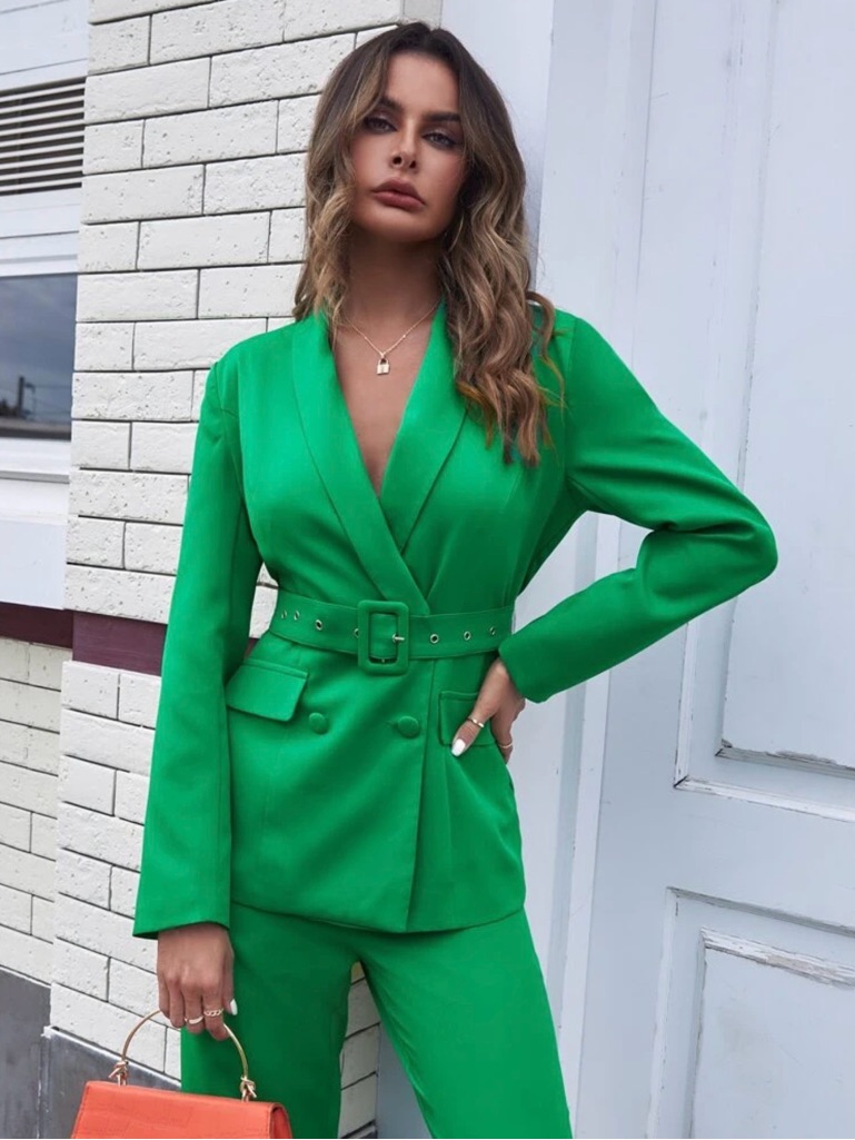 Women's Green Belted Blazer & Pants Set